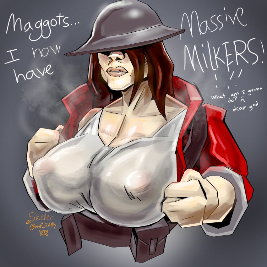 belt big_breasts bra brown_hair cargo clothed damn_you_merasmus female_soldier femsoldier glistening glistening_body glistening_breasts helmet jacket lips massive_breasts mindfucklingskelly musk nipples pale_skin pale_skinned_female pink_nipples red_clothing rule_63 shiny_lips shiny_skin soldier soldier_(team_fortress_2) solo sports_bra sweat team_fortress_2 text tf2 translucent_clothing valve