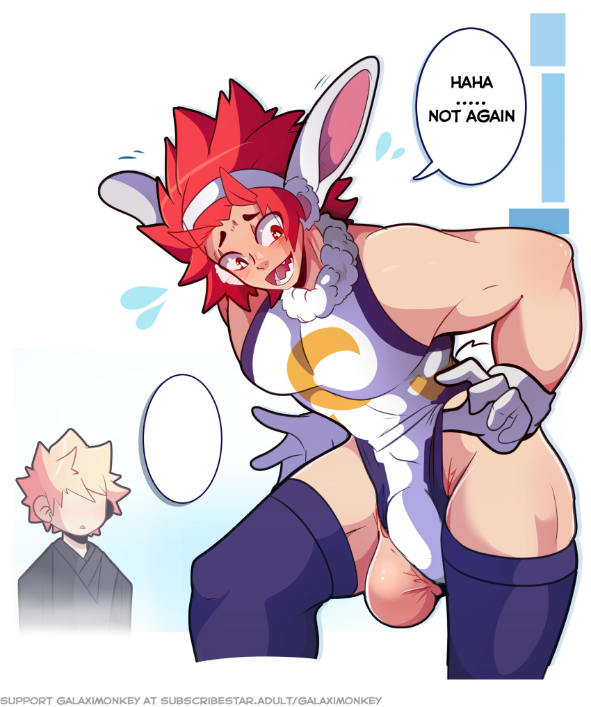 ball_slip blonde_hair blush bulge bunny_costume bunny_ears bunnysuit costume crossdressing eijirou_kirishima galaximonkey gay katsuki_bakugou miruko_(cosplay) my_hero_academia red_eyes red_hair sharp_teeth sweatdrops text text_bubble wardrobe_malfunction white_gloves