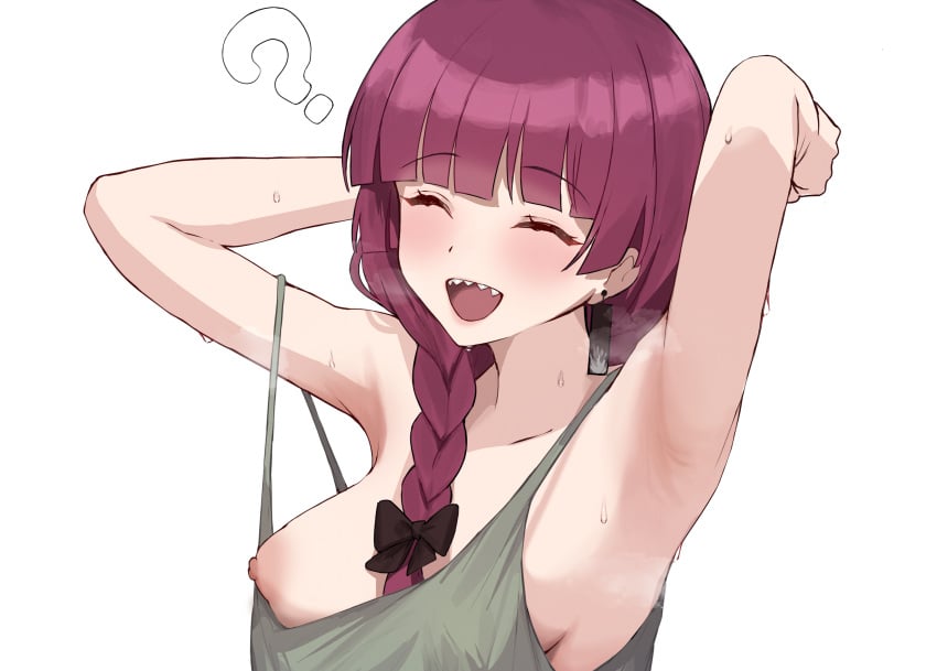 1girls ? arm_up armpit armpit_crease armpit_fetish armpits arms_behind_back arms_up bare_shoulders blush bocchi_the_rock! braid breast_slip breasts closed_eyes dress drunk erect_nipples female hiroi_kikuri nipples no_bra one_breast_out open_mouth puffy_nipples purple_hair putama sharp_teeth sideboob small_breasts smile solo strap_slip sweat upper_body wardrobe_malfunction