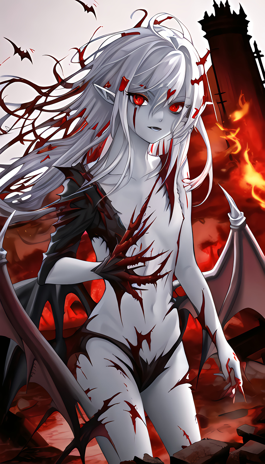 1girls ai_generated blood ear eyes female female_only flames hair messy pointy red ruins skin solo_female stable_diffusion upscaled vampire waifu2x white
