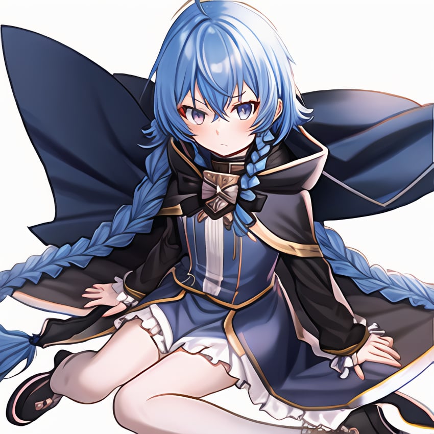 1girls ahoge ai_generated bangs black_bow blue_eyes blue_hair bow braid brown_cape cape crossed_bangs female female_only full_body hairbow hand_on_knees knees_to_chest long_braid long_hair long_sleeves looking_at_viewer mushoku_tensei roxy_migurdia shoes simple_background sitting skirt solo solo_female stable_diffusion twin_braids upscaled waifu2x white_background