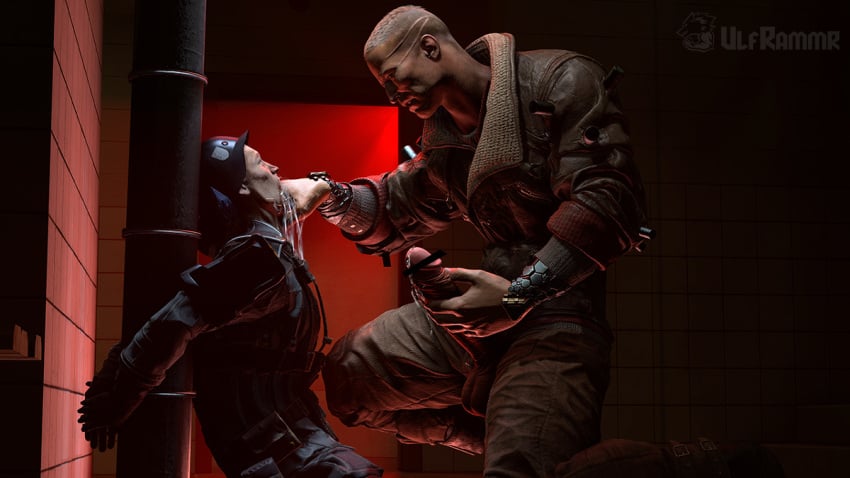 2boys 2males bj_blazkowicz bound_arms dominant_male dominated domination dripping_precum drooling fingers_in_mouth gay leather_jacket male male_only precum precum_on_penis preparation retracted_foreskin soldier ulframmr uncut wolfenstein