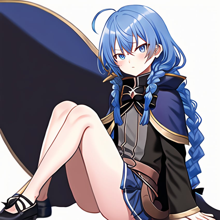 1girls ahoge ai_generated bangs black_bow blue_eyes blue_hair bow braid brown_cape cape crossed_bangs female female_only full_body hairbow hand_on_knees knees_to_chest long_braid long_hair long_sleeves looking_at_viewer mushoku_tensei roxy_migurdia shoes simple_background sitting skirt solo solo_female stable_diffusion twin_braids upscaled waifu2x white_background