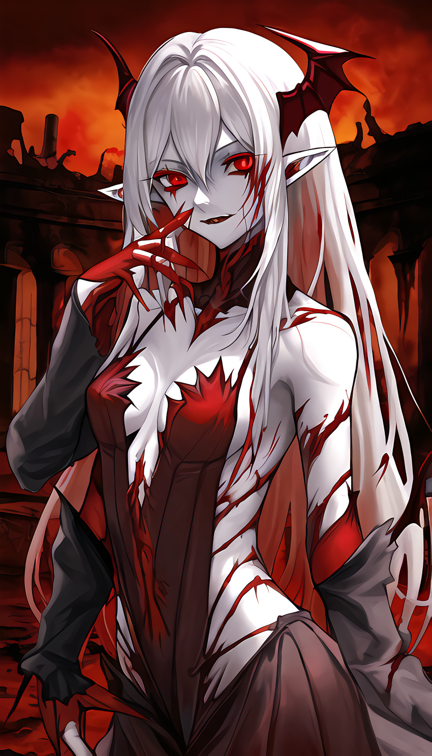 ai_generated blood ear eyes flames hair messy pointy red ruins skin stable_diffusion upscaled vampire waifu2x white