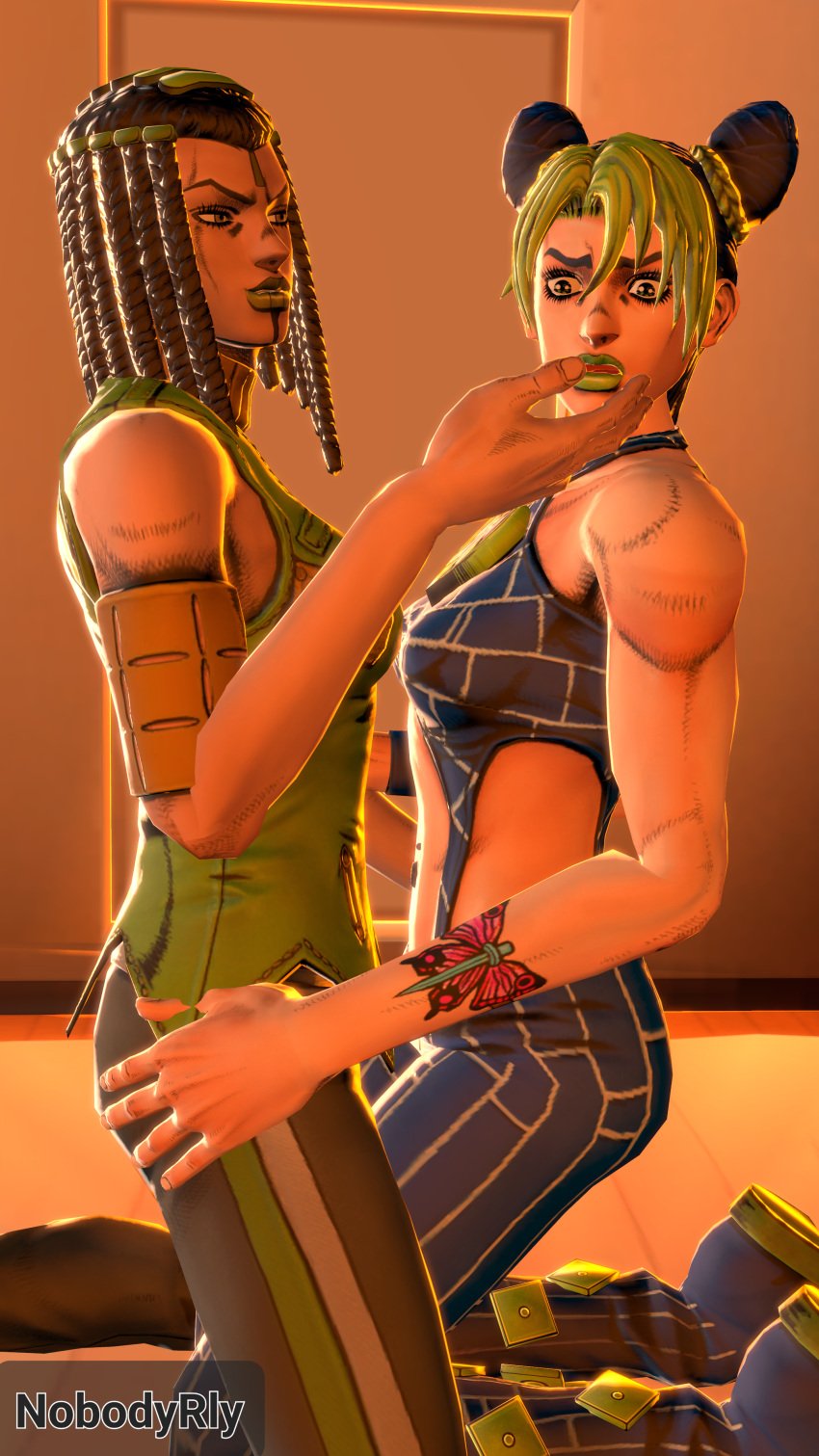 2girls 3d dark-skinned_female dark_skin ermes_costello female female_only fully_clothed jojo's_bizarre_adventure jolyne_kujo nobodyrly_(artist) posing sfm stone_ocean yuri