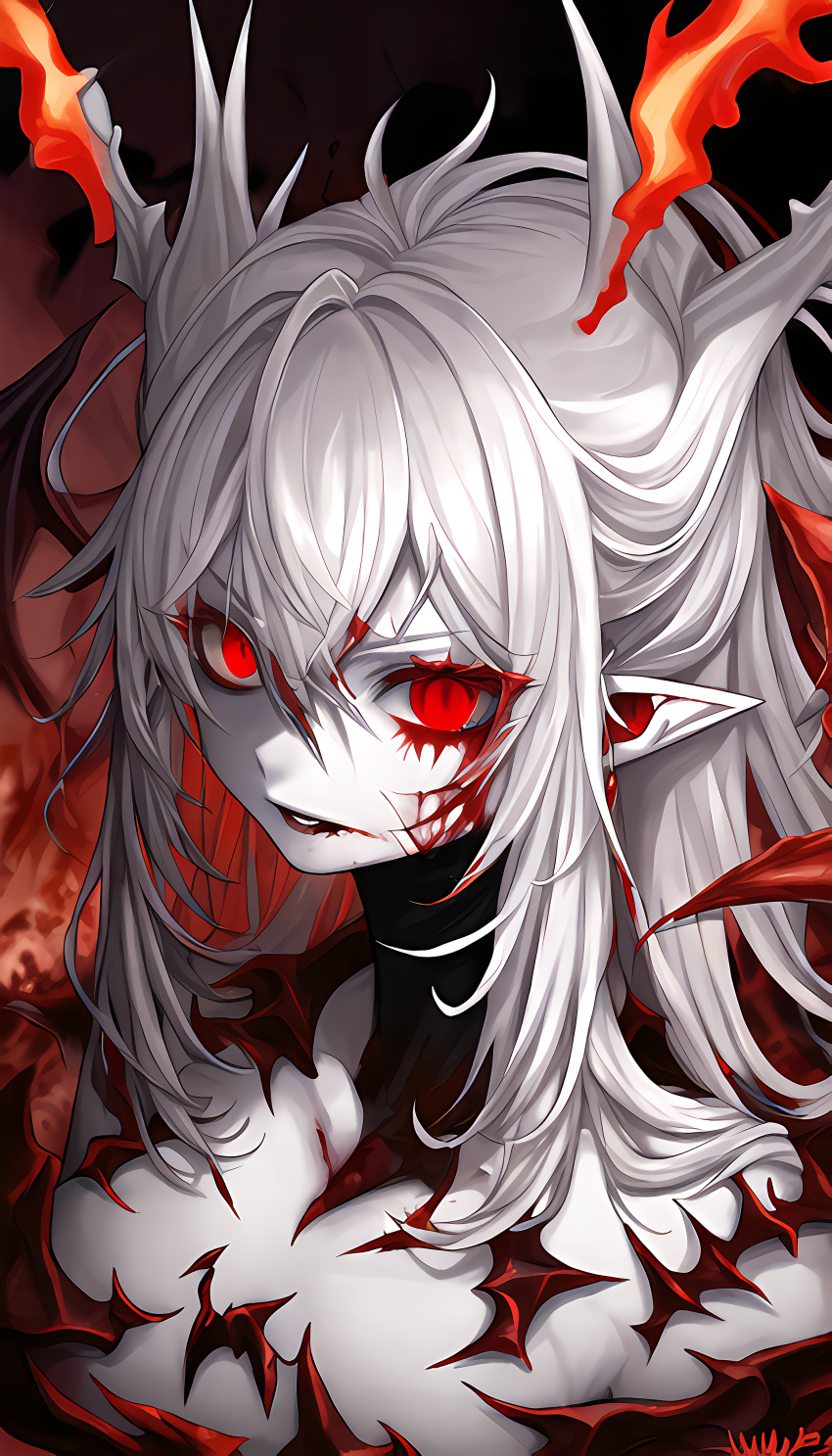 ai_generated blood ear eyes flames hair messy pointy red ruins skin stable_diffusion upscaled vampire waifu2x white