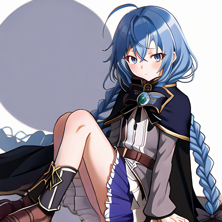 1girls ahoge ai_generated bangs black_bow blue_eyes blue_hair bow braid brown_cape cape crossed_bangs female female_only full_body hairbow hand_on_knees knees_to_chest long_braid long_hair long_sleeves looking_at_viewer mushoku_tensei roxy_migurdia shoes simple_background sitting skirt solo solo_female stable_diffusion twin_braids upscaled waifu2x white_background