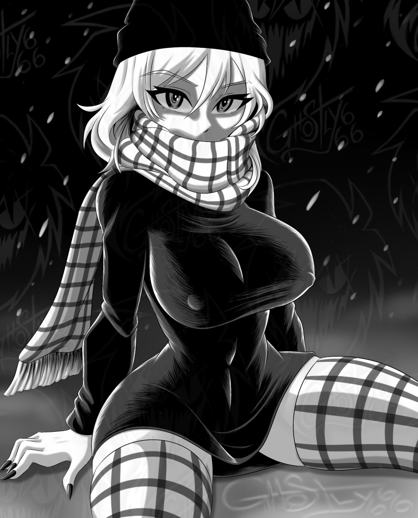 2d anthro beanie big_breasts black_and_white black_and_white_eyes black_beanie black_nails breasts breasts_out clothed clothing exposed_breasts exposed_pussy female female_focus female_only ghostly666 illusion long_socks looking_at_viewer meme nails nipple_bulge rage_comics rule_63 scarf short_hair showing_breasts stockings thighhighs trollface trollface_(ai) vagina white_body white_hair