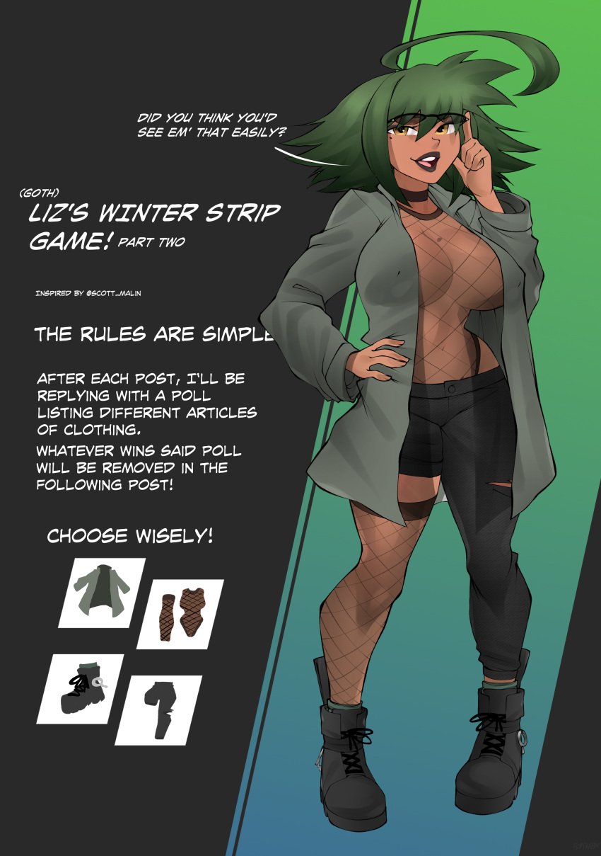 black_lipstick choker dialogue english_text fishnets flytrapxx glasses goth green_hair jacket liz_(flytrapxx) mole no_bra original ripped_pants strip_game