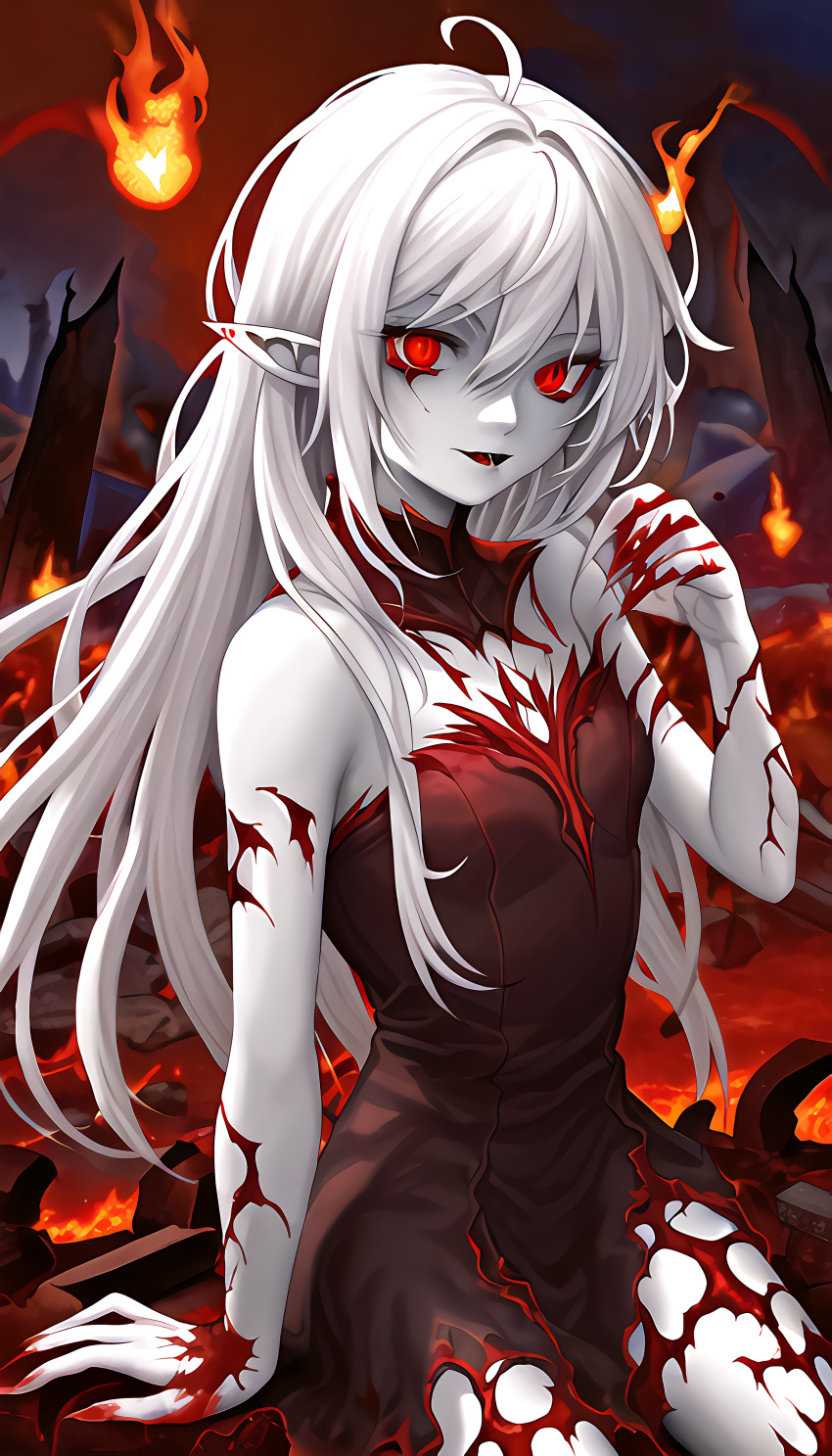 1girls ai_generated blood ear eyes female female_only flames hair messy pointy red ruins skin solo_female stable_diffusion upscaled vampire waifu2x white