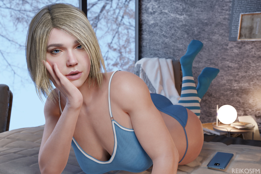 1girls 3d ass bedroom big_ass blonde_hair blue_eyes dc dc_comics female female_only injustice_2 kara_danvers kara_zor-el looking_at_viewer pajamas reikosfm short_hair socks solo supergirl supergirl_(injustice) superman_(series)