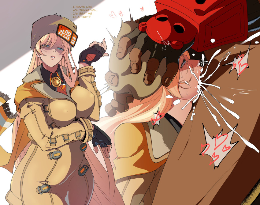 1boy 1girls before_and_after blonde_hair blue_eyes cum cum_in_mouth cum_in_throat cum_inside dark-skinned_female dark-skinned_male deep_penetration deepthroat fellatio fingerless_gloves gag gagging guilty_gear guilty_gear_strive head_grab head_tilt instant_loss_2koma interracial kneeling long_hair millia_rage oral potemkin smug smug_expression smug_face spaghett8