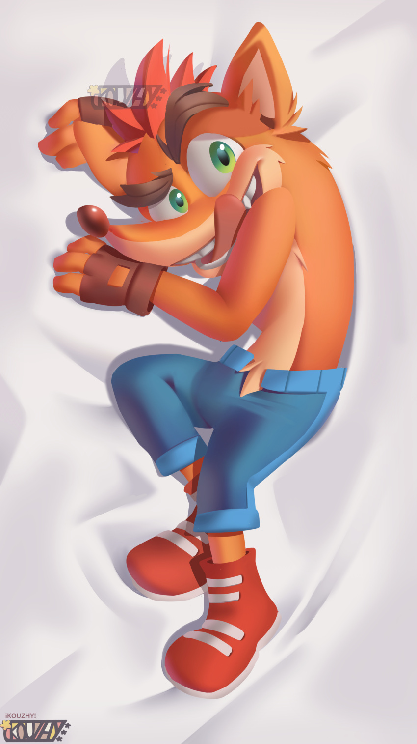 1boy 2020 absurd_res activision bandicoot blue_bottomwear blue_pants body_pillow bottomwear brown_eyebrows brown_gloves brown_nose bulge crash_(series) crash_bandicoot crash_bandicoot_(series) dakimakura dakimakura_design eyebrows fingerless_gloves footwear fur furry gloves green_eyes handwear highres ikouzhy licking licking_lips lying male male_only mammal marsupial open_mouth open_pants open_smile orange_body orange_fur pants red_shoes shoes solo teeth tongue tongue_out topless unzipped video_games