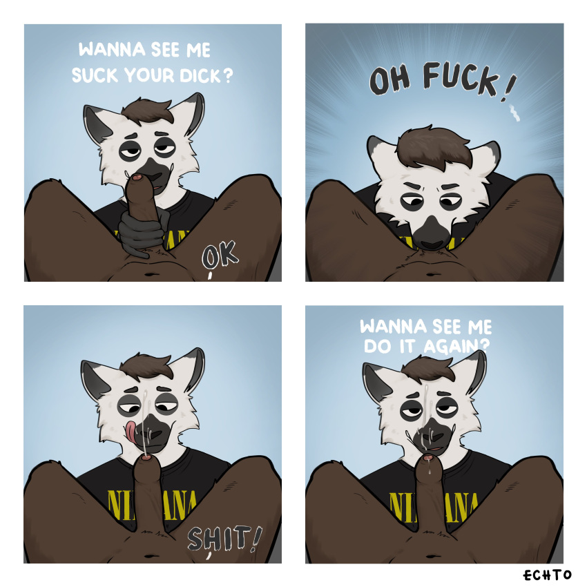 absurd_res anthro bodily_fluids brown_body brown_fur clothed clothed/nude clothed_male_nude_male clothing comic cum cum_on_face cumshot deep_throat duo echto ejaculation fellatio foreskin four_frame_image fur furry genital_fluids genitals hi_res humanoid lemur licking licking_lips male male/male mammal nude oral penile penis primate sex slyeazylemur strepsirrhine tongue tongue_out unknown_species