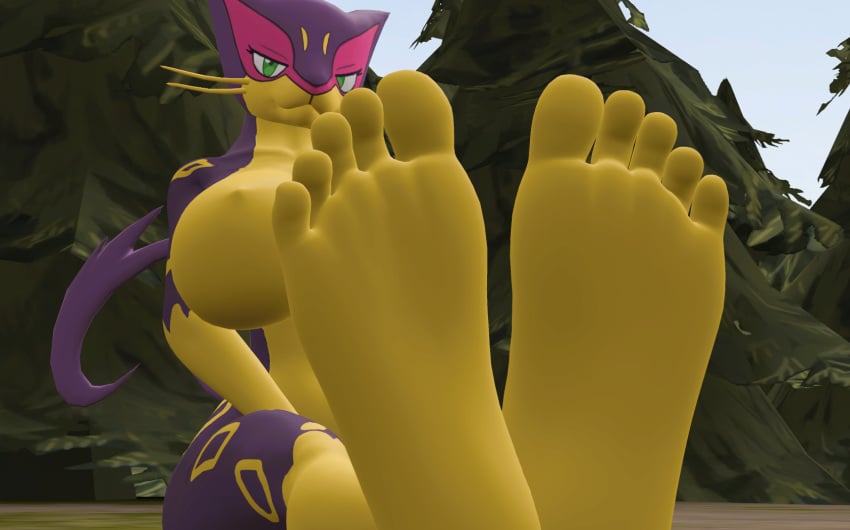 3d_(artwork) 5_toes anthro digital_media_(artwork) erikina15 feet female foot_fetish foot_focus generation_5_pokemon hi_res humanoid_feet liepard looking_at_viewer nintendo plantigrade pokémon_(species) pokemon pokemon_(species) purple_body solo toes yellow_body