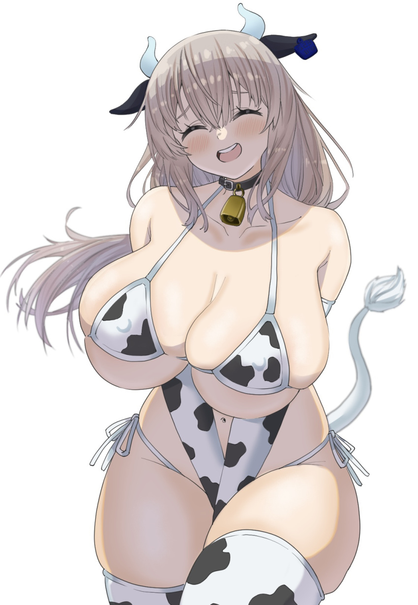 1girls armwear big_breasts bikini bikini_bottom bikini_top blush breasts cleavage closed_eyes cow_ears cow_horns cow_print cow_print_armwear cow_print_bikini cow_print_thighhighs cow_tail cowbell ear_tag fake_animal_ears fake_tail female female_only grey_hair hair huge_breasts large_breasts legwear mature mature_female mature_woman mik4 milf mother neckwear solo solo_female swimwear tail thick_thighs thighhighs thighs uzaki-chan_wa_asobitai! uzaki_tsuki