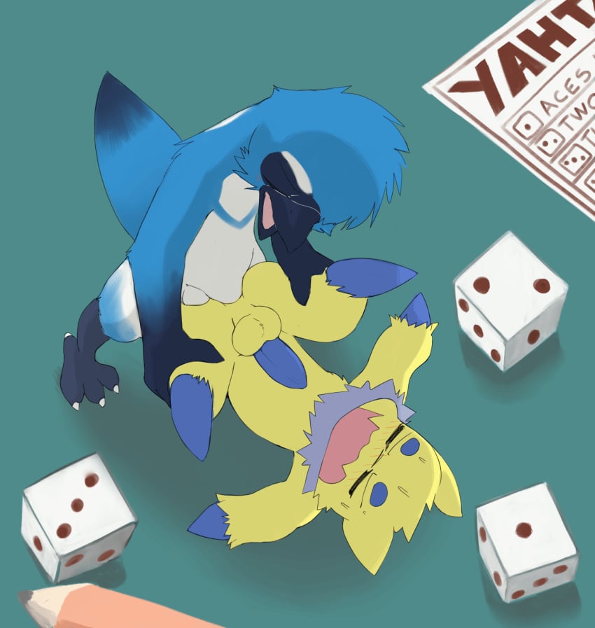 anal anal_sex animated anthro avian balls bird blue_body closed_eyes duo generation_5_pokemon genitals hi_res joltik male male/male male_penetrated male_penetrating male_penetrating_male miau nintendo open_mouth penetration penile penile_penetration penis penis_in_ass pokémon_(species) pokemon pokemon_(species) sex white_body yellow_body