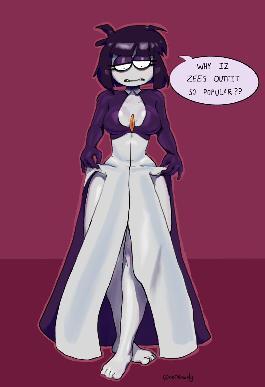 2020 barefoot breasts cosplay creepy_susie dress dress_lift feet gardevoir_(cosplay) large_breasts multicolored_dress nintendo oofrowdy pokemon pokemon_(cosplay) pulling_up_dress purple_eyeshadow purple_hair short_hair speech speech_bubble spike text text_bubble the_oblongs