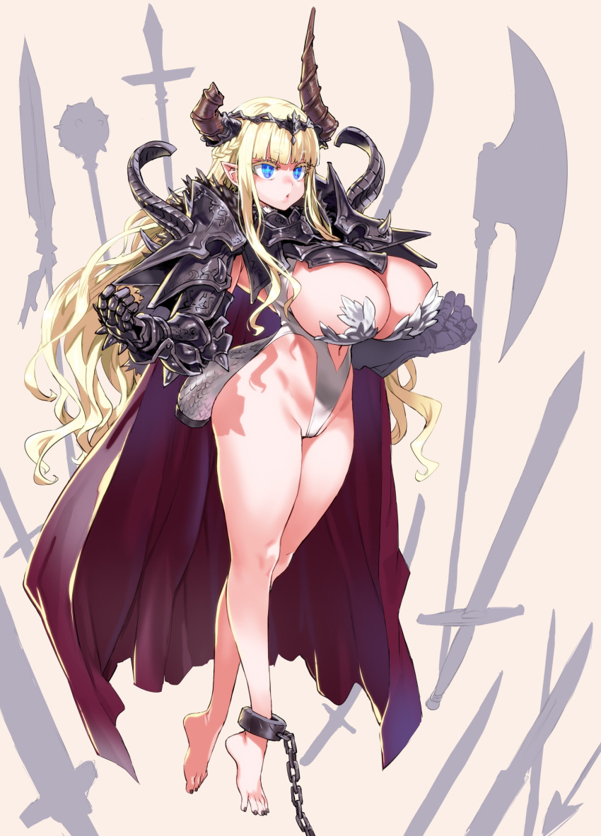 ankle_cuffs armor asanagi bangs barefoot big_breasts bikini_armor blonde_hair blue_eyes cleavage demon_girl floating horns huge_breasts leotard long_hair original pale-skinned_female pale_skin weapons