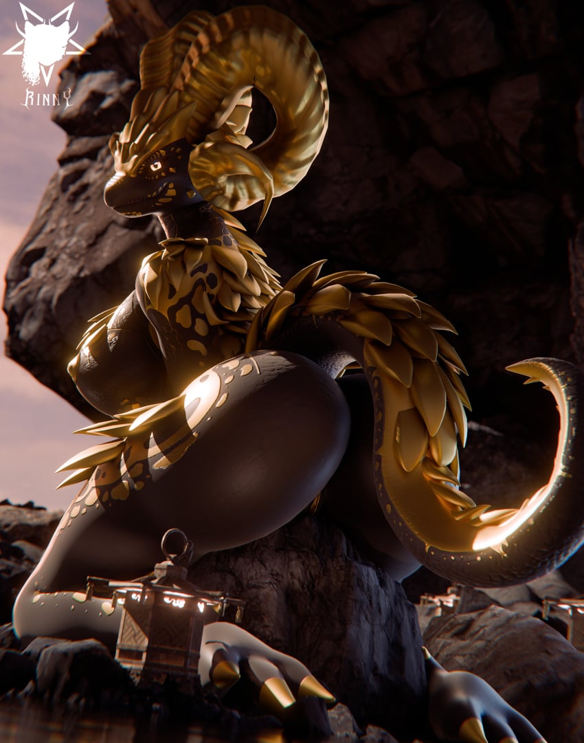 3d anthro areola ass big_butt biped black_body breasts capcom detailed_background digital_media_(artwork) elder_dragon female genitals hi_res kulve_taroth looking_at_viewer looking_back monster_hunter multicolored_body nipples nude outside pussy rinny rock solo tail thick_thighs yellow_body