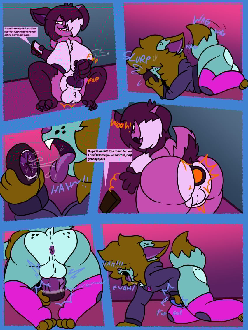 3:4 absurd_res accidental_incest_(lore) anal anal_sex animal_genitalia blue_body blue_fur bodily_fluids brown_body brown_fur canid canine canis chibitay clothing comic cousins_(lore) domestic_cat electronics english_text felid feline felis frosting_(chibitay) fur genitals hair hair_over_eye hair_over_eyes hi_res hybrid incest_(lore) knot knotted_penis lagomorph leggings legwear leporid mammal muffin_(chibitay) non-euclidean_sex nude oral pawpads penetration penis phone portal_ring portal_sex purple_body purple_fur rabbit rimming saliva saliva_on_anus saliva_on_tongue saliva_string sex sheath sweatshirt tail tail_motion tailwag text texting thinking_with_portals transcanine translop translynx white_body white_fur wolf