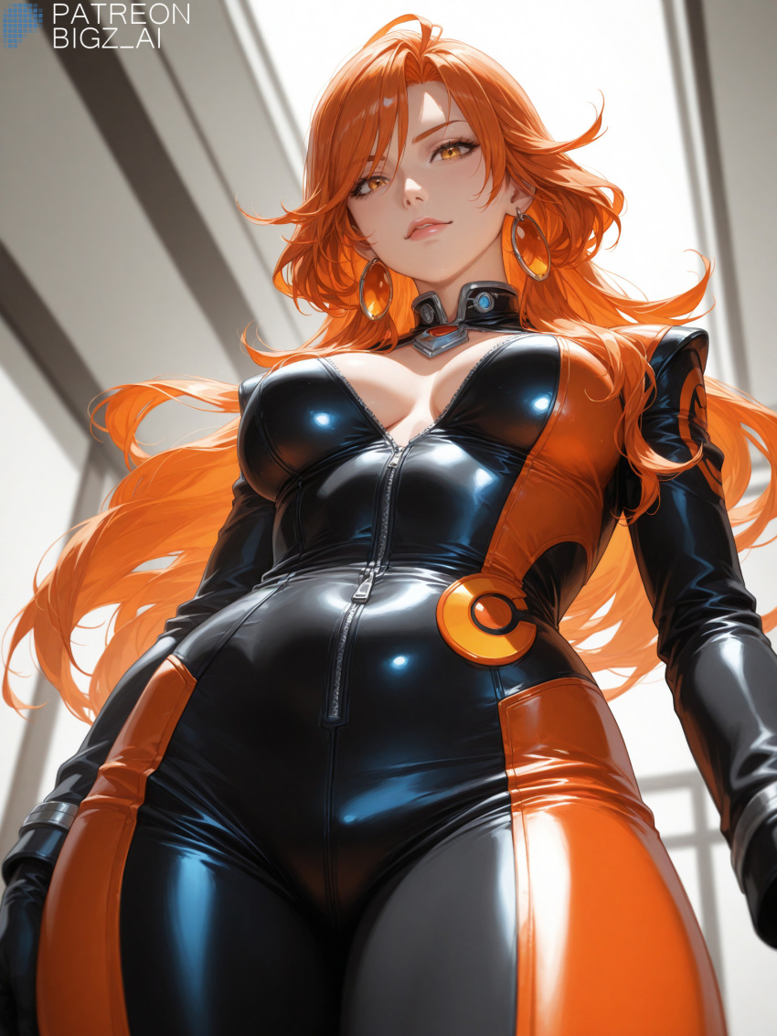 1girls ai_generated artist_name big_breasts bigz_ai blue_eyes bodysuit breasts cleavage earrings female female_only genshin_impact hoyoverse large_breasts latex light-skinned_female long_hair looking_at_viewer mavuika_(genshin_impact) mihoyo patreon_username red_hair tight_clothing yellow_eyes