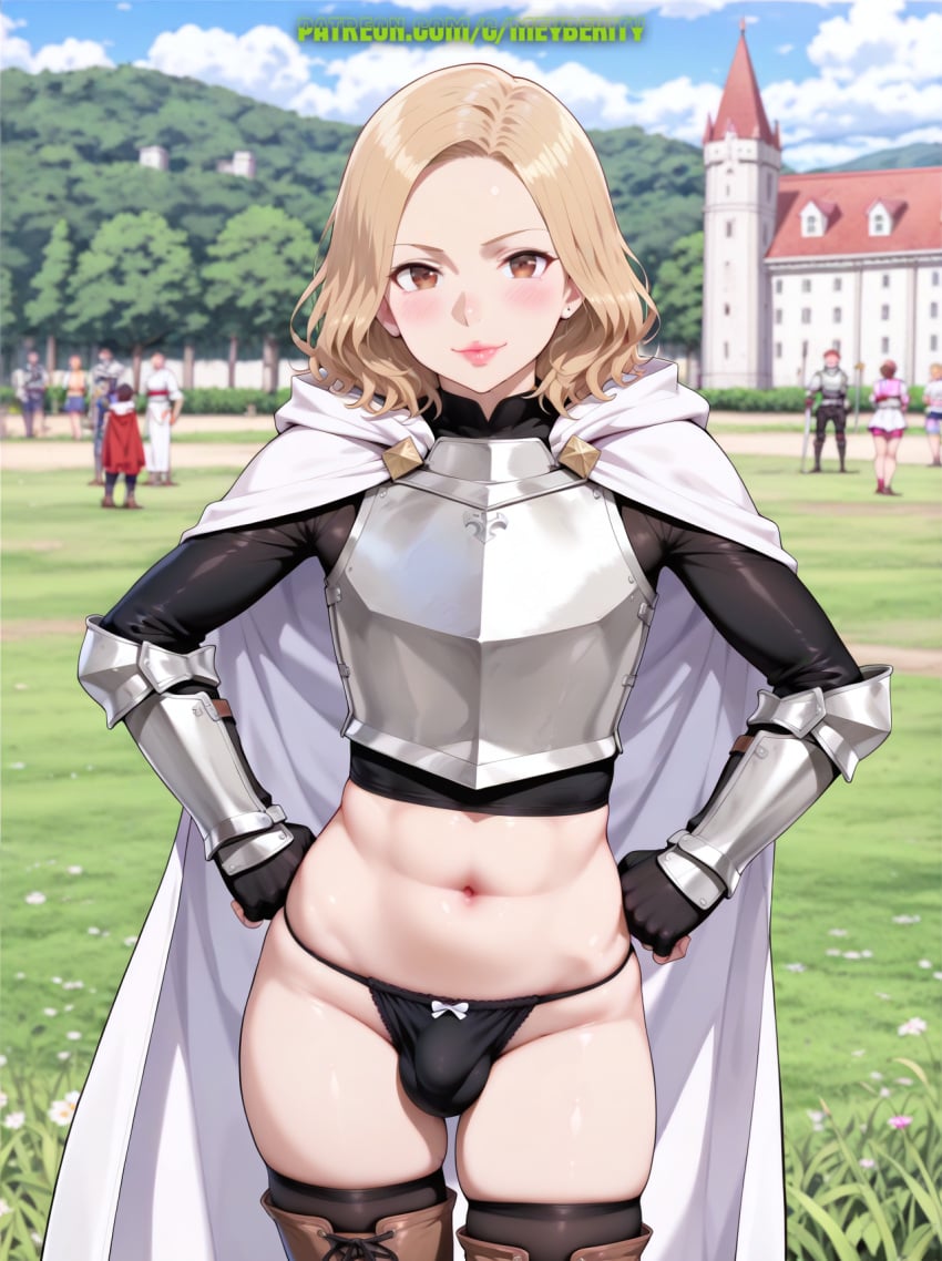 1boy ai_generated armor balls blonde_hair brown_eyes bulge femboy hands_on_hips light-skinned_femboy looking_at_viewer male male_only meybekity otoko_no_ko penis trap yaoi