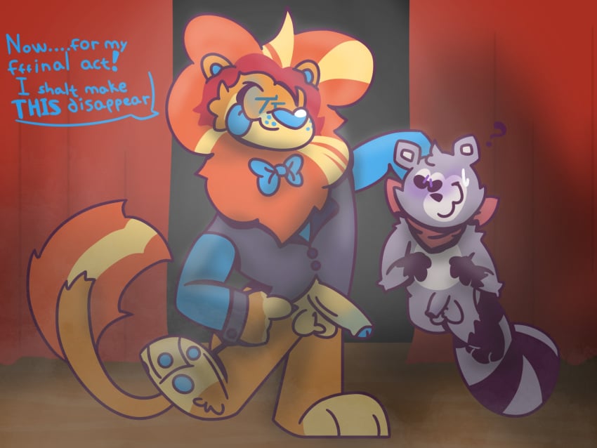 4:3 anthro blep clothing dialogue duo exhibitionism felid fur hi_res imminent_sex indigo_park innocence jacksafterdark lion lloydford_l._lion male male/male mammal orange_body orange_fur pantherine pawpads procyonid public public_nudity raccoon rambley_raccoon size_difference stage stage_act stage_curtains suit tongue tongue_out