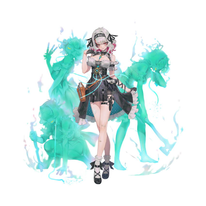 arina_(resonance_solstice) artist_request axe black_gloves crossed_ankles female full_body gloves grey_hair half_gloves headband highres holding holding_knife knife looking_at_viewer mole mole_under_mouth multicolored_hair red_eyes resonance_solstice solo source_request spirit standing tagme