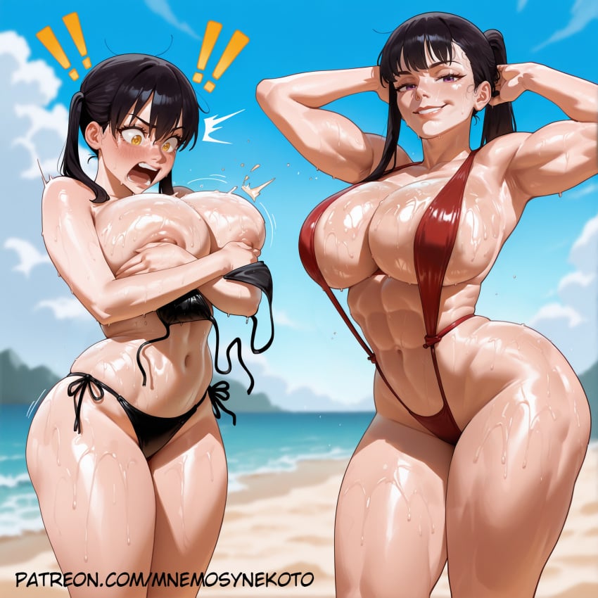 ! !! 2girls abs ai_generated alternate_breast_size areola_slip armpits arms_behind_head arms_up artist_name beach black_bikini black_hair blue_sky blurry_background blush cloud covering_breasts covering_privates curvy day en'en_no_shouboutai enen_no_shouboutai female female_only fire_force grin kotatsu_tamaki large_breasts long_hair looking_at_viewer maki_oze mnemosynekoto multiple_girls muscular muscular_female naughty_face navel ocean open_mouth outdoors oze_maki patreon_username ponytail purple_eyes red_bikini red_one-piece_swimsuit sand shiny_skin side-tie_bikini_bottom slingshot_swimsuit smile standing stomach surprised sweat teeth thick_thighs toned twintails wardrobe_malfunction water web_address wet