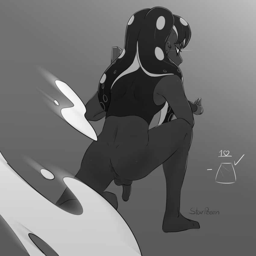 1:1 animal_humanoid anus ass balls barefoot bottomwear cephalopod cephalopod_humanoid clothed clothing crop_top dark_body dark_skin digital_media_(artwork) ear_piercing ear_ring feet genitals gun hair half-closed_eyes hi_res holding_gun holding_object holding_ranged_weapon holding_weapon humanoid humanoid_genitalia kneeling looking_at_viewer looking_back male marine marine_humanoid mollusk mollusk_humanoid monochrome narrowed_eyes nintendo octarian octoling penis piercing pseudo_hair ranged_weapon ring_piercing shirt simple_background sniper solo splatoon starpeeen tentacle tentacle_hair topwear weapon