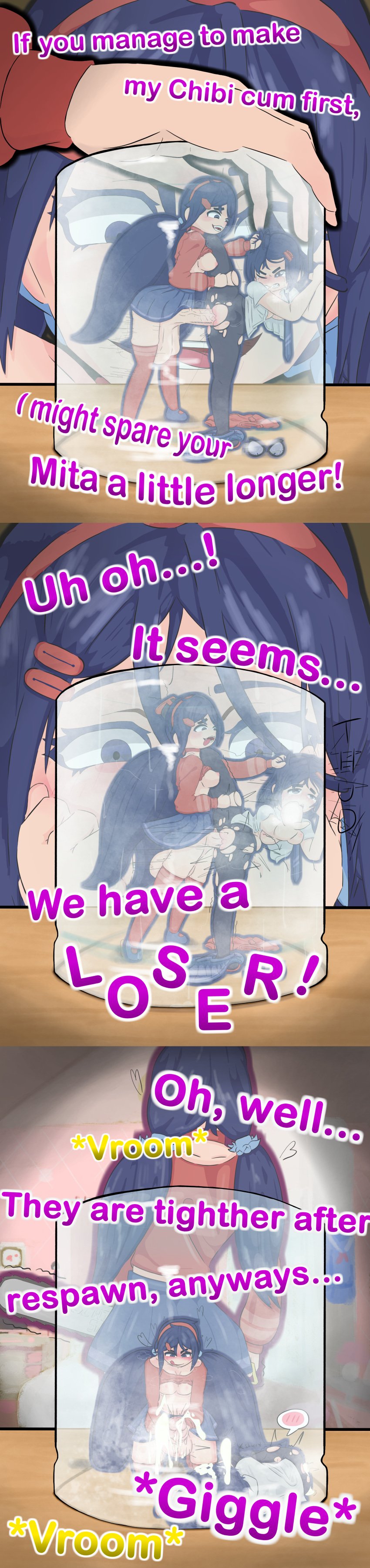 1futa 2d 2d_(artwork) 2d_artwork 2girls against_glass chibi chibi_mita_(miside) chibi_style comic comic_strip crazy_eyes crazy_mita_(miside) crazy_smile cum cumshot dressed female futa_on_female futanari grin huge_cock huge_testicles imminent_death intersex jar looking_at_another mila_(miside) miside mita_(miside) nekojaanai penis purple_hair rape red_eyes sex smile thick_cum veiny_penis watching
