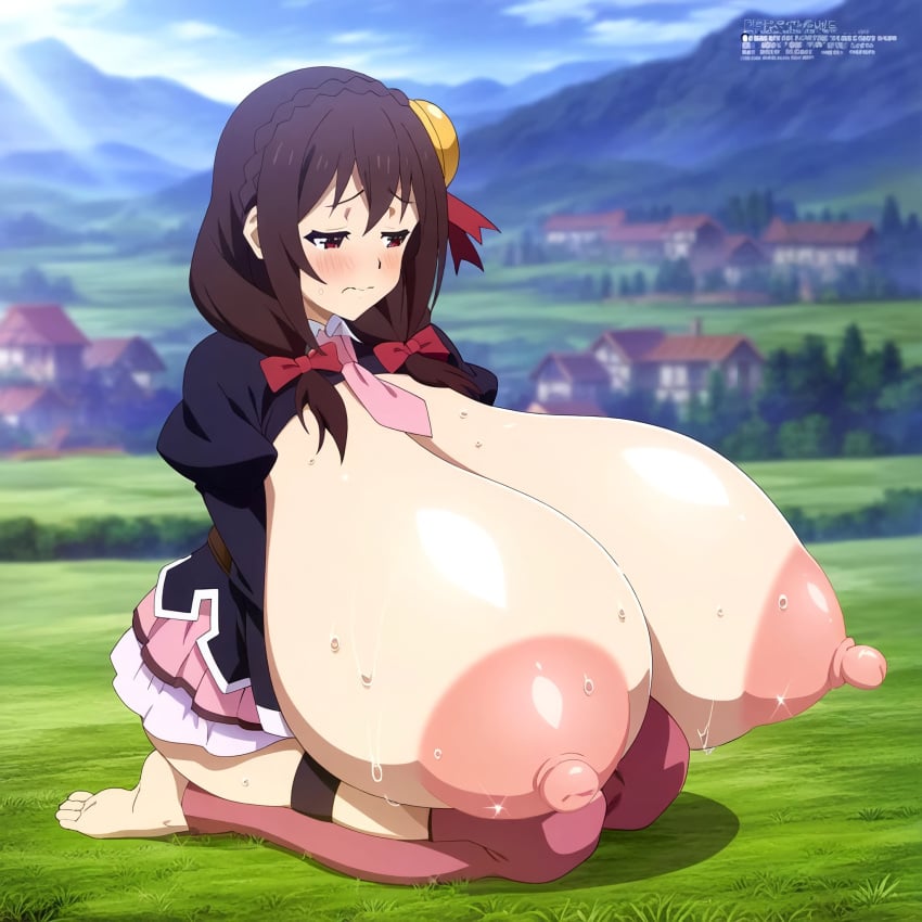 1girls accurate_art_style ai_assisted ai_generated alternate_breast_size areolae big_areola big_breasts big_nipples black_dress breasts breasts_bigger_than_head brown_hair embarrassed erect_nipples feet female giant_breasts giant_nipples gigantic_breasts huge_breasts huge_nipples kneeling kono_subarashii_sekai_ni_shukufuku_wo! large_breast nipples pink_areola pink_nipples puffy_nipples red_eyes shy sol sol22_(artist) submissive sweat topless yunyun_(konosuba)