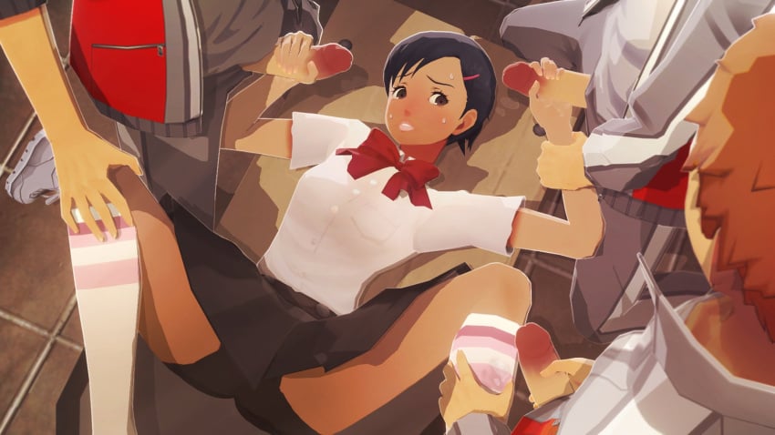 1girls 3boys 3d atlus double_handjob female gangbang handjob male multiple_boys on_back persona persona_3 questionable_consent school_uniform spread_legs sweat uriziel yuko_nishiwaki