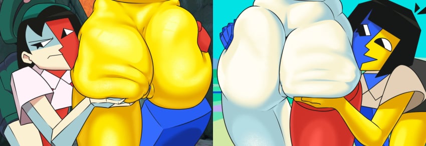 2girls ass ass_comparison ass_hold ass_on_face big_ass black_hair blue_skin bottomless dream_bbq ena ena_(dream_bbq) ena_(series) eyebrows female frown hat holding holding_ass joel_g mythios newgrounds pussy red_skin shiny_ass shorts skirt smile standing two_tone_body white_skin yellow_skin