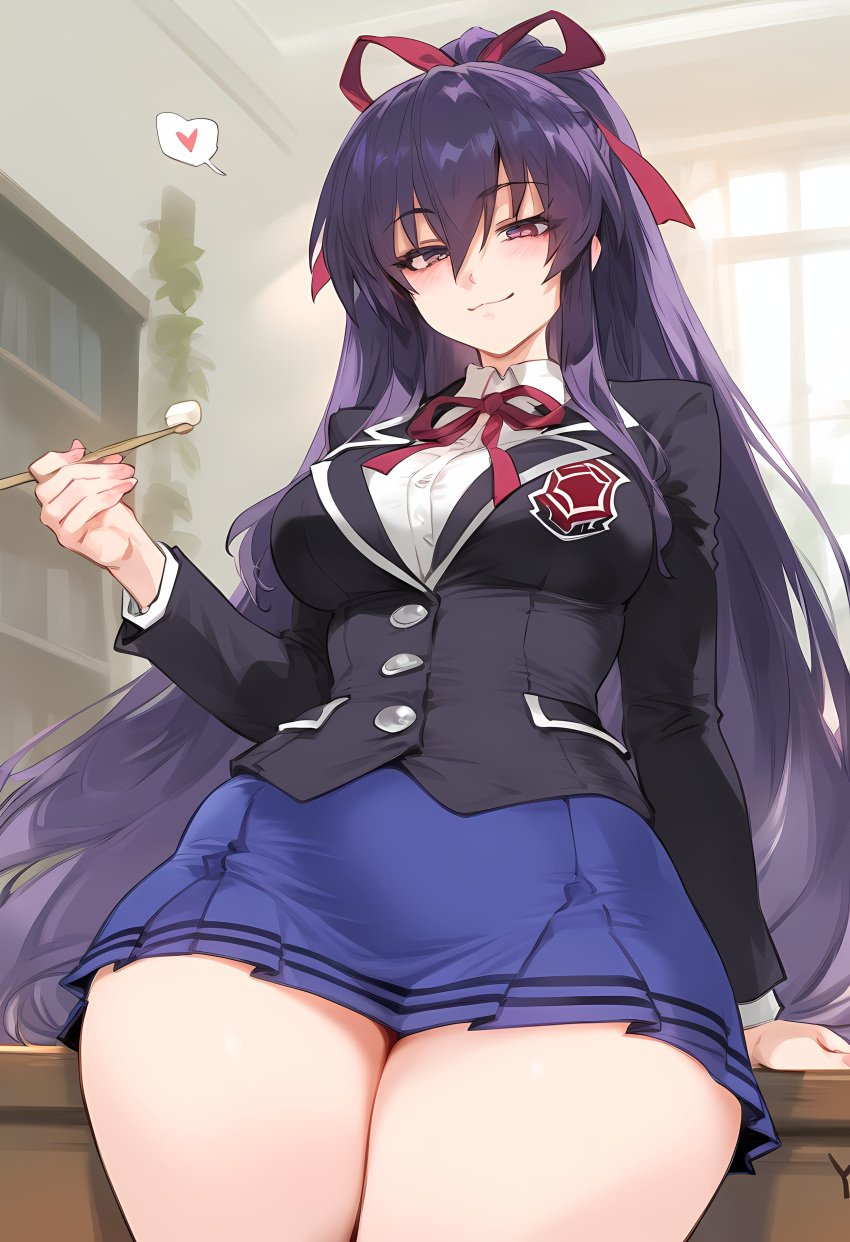 1girls ai_generated big_breasts blush breasts clothed clothed_female clothing date_a_live day desk eyes female holding_chopsticks holding_object human human_female indoors leaning leaning_back leaning_on_desk light-skinned_female light_skin lighting long_hair looking_at_viewer nakatori purple_eyes purple_hair room school_uniform skirt solo solo_female thick_thighs thighs tight_clothing yatogami_tohka