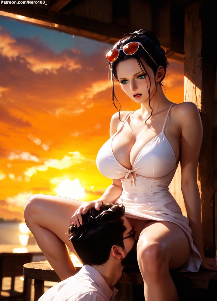 1boy 1boy1girl 1girls 2d ai_generated areolae big_breasts blue_eye blue_hair chest clothing cunnilingus curvy curvy_figure cute cute_face dark-skinned_female dark_skin detailed dress eyelashes eyeshadow female fit fit_female focus hair hair_bun high_quality legs lips long_hair makeup male male/female mascara medium_breasts nico_robin one_piece perky_breasts posing pussy seductive seductive_look sex sidelocks stable_diffusion summer tagme teenager thighs thin_waist vagina vaginal_penetration