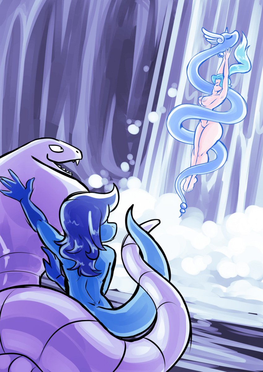5_fingers ambiguous_gender apode arbok ass being_watched big_breasts big_butt black_eyes blue_body blue_hair blue_scales breasts cerealharem clair_(pokemon) closed_eyes draconcopode dragonair entwined_tails fangs female fingers floating generation_1_pokemon genitals group gym_leader hair hi_res human humanoid_hands legless lizard looking_at_another mammal nintendo nipples nude pink_nipples pokemon pokemon_(species) ponytail pose purple_body purple_scales pussy reptile scales scalie serpentine sharp_teeth snake tail tail_coil teeth thick_thighs ulti_(ultilix)