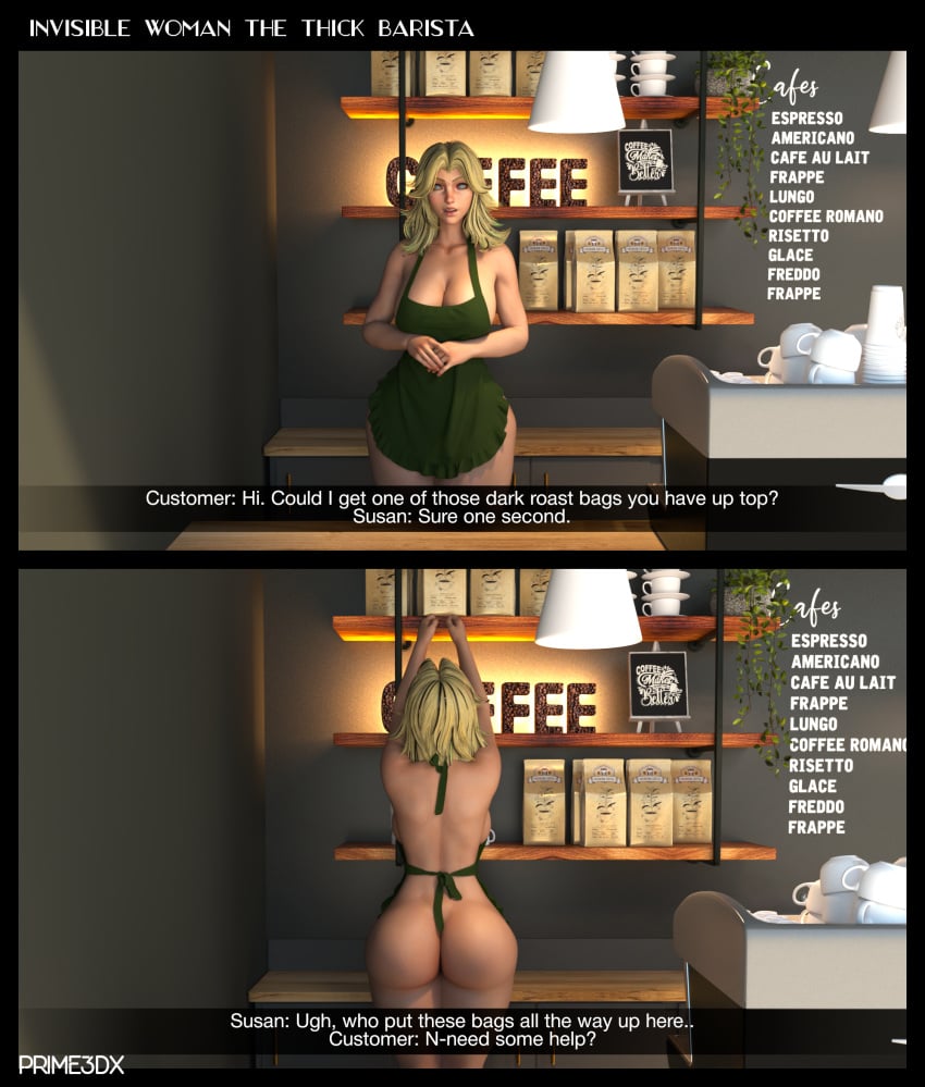 1girls 3d apron apron_only big_ass big_butt blonde_hair coffee_shop dialogue female invisible_woman_(marvel_rivals) marvel marvel_rivals milf no_bra no_panties pawg prime3dx reaching sue_storm thick thick_ass thick_thighs