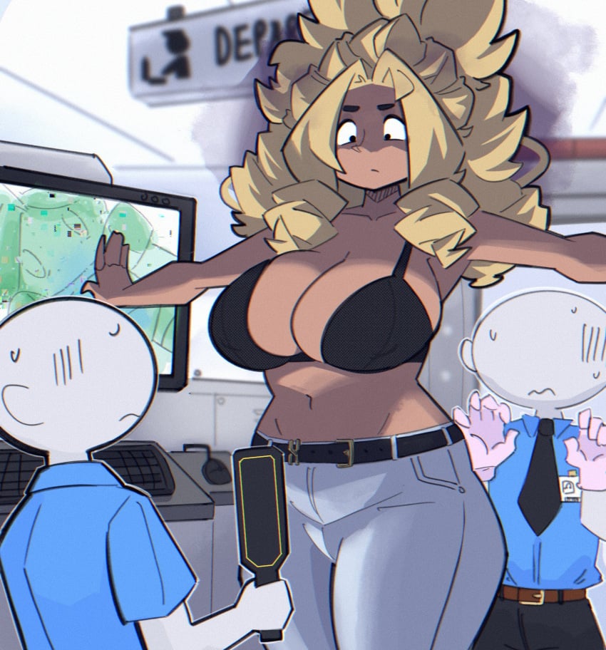1girl2boys airport airport_security angry angry_expression angry_eyes angry_face big_breasts big_thighs black_bra blonde_hair bra breasts breasts_bigger_than_head cleavage curvaceous curves curvy curvy_body curvy_female curvy_figure curvy_hips curvy_thighs cute cute_expression cute_face cute_girl faceless faceless_character faceless_male female gloves hips hips_wider_than_shoulders human jeans kap_o large_breasts large_thighs leggings light-skinned_female light_skin long_hair male maria_(kap_o) oc original original_character pants_on security security_guard t-pose tagme tall_female taller_female taller_girl thick_thighs thighs thighs_bigger_than_head thighs_together wide_hips wide_thighs worried worried_expression worried_look
