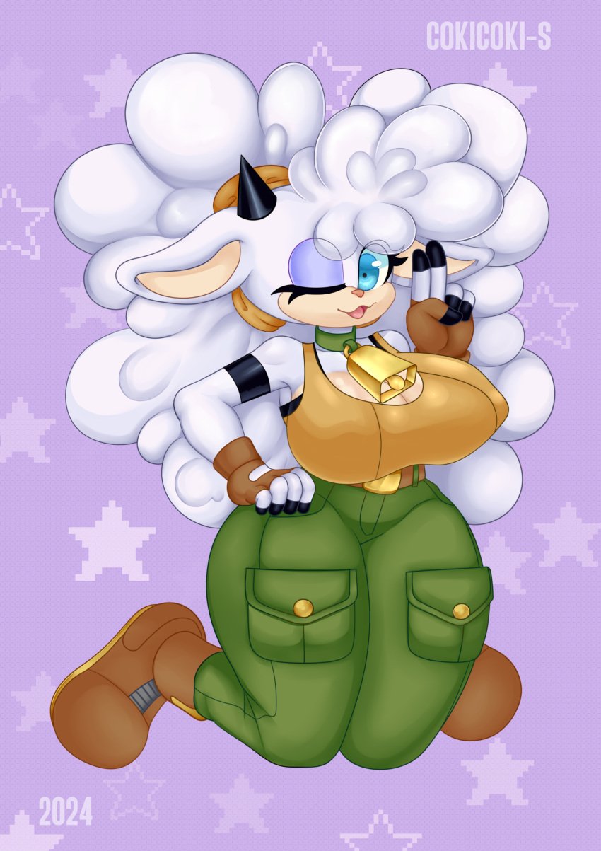 anthro big_breasts breasts cokicoki-s cow_bell cute fluffy fully_clothed furry gloves hair_up horns lanolin_the_sheep nipple_bulge on_knees sheep sonic_(series) tagme
