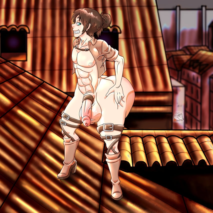 1boy 1femboy attack_on_titan big_balls bottomless dinotits eren_jaeger femboy flaccid functionally_nude functionally_nude_femboy functionally_nude_male hentai huge_ass male on_roof self_upload shingeki_no_kyojin smug