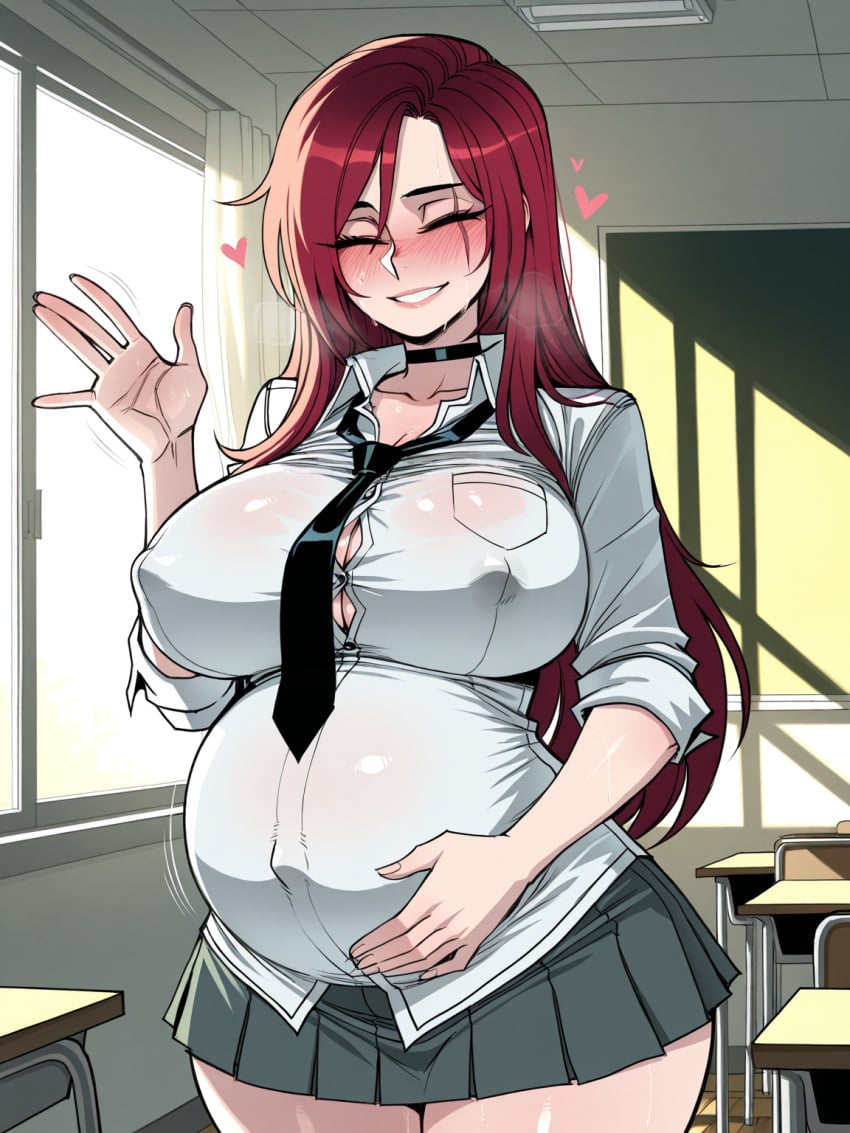 11_22 ^_^ ai_generated black_necktie blush button_gap classroom closed_eyes collared_shirt covered_nipples embarrassed eye_scar hand_on_own_stomach heart heavy_breathing huge_breasts katarina_du_couteau large_breasts league_of_legends long_hair miniskirt motion_lines necktie pregnant red_hair riot_games scar school_uniform schoolgirl skirt smile sweat thick_thighs twitching undersized_clothes waving white_shirt wide_hips