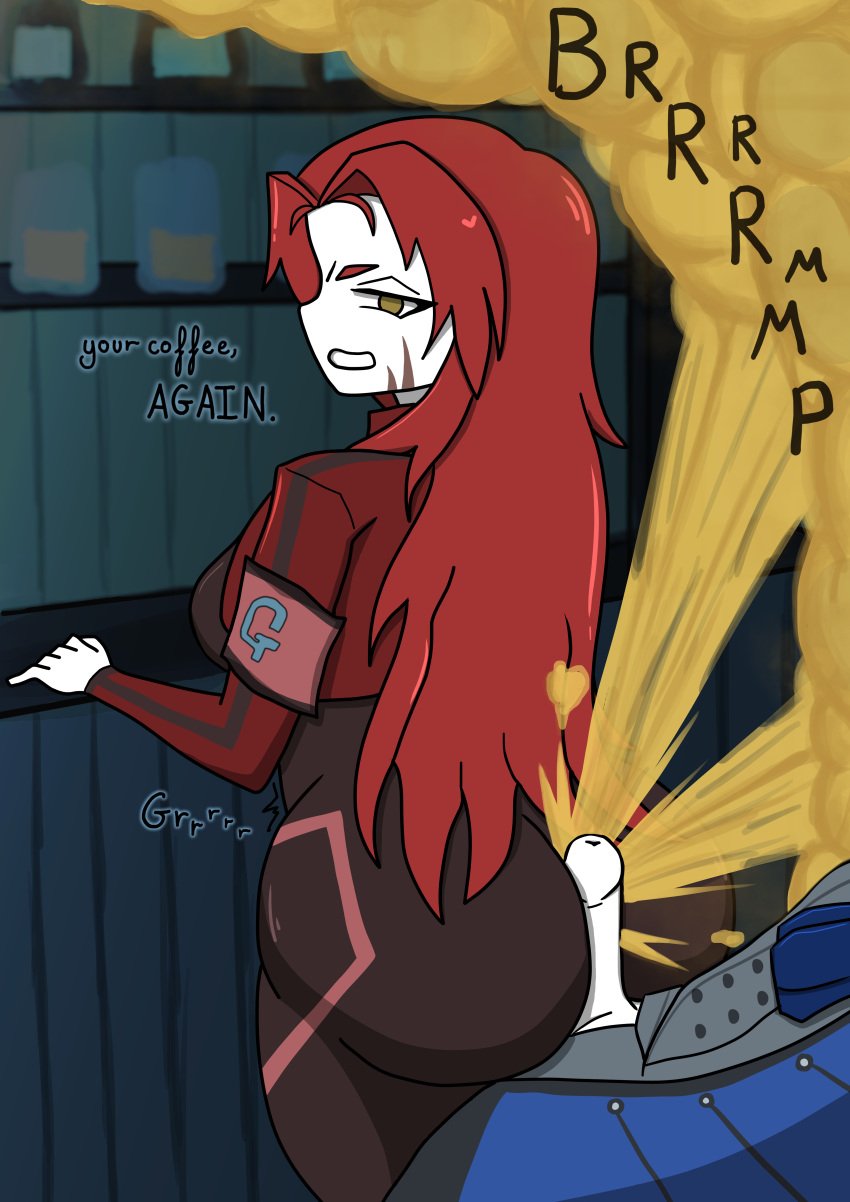 1boy1girl angry ass ass_focus assjob buttjob chesed fart fart_cloud fart_fetish fart_on_dick farting female femdom gebura_(lobotomy_corporation) hotdogging lobotomy_corporation male project_moon red_hair sooshinoko stomach_noises