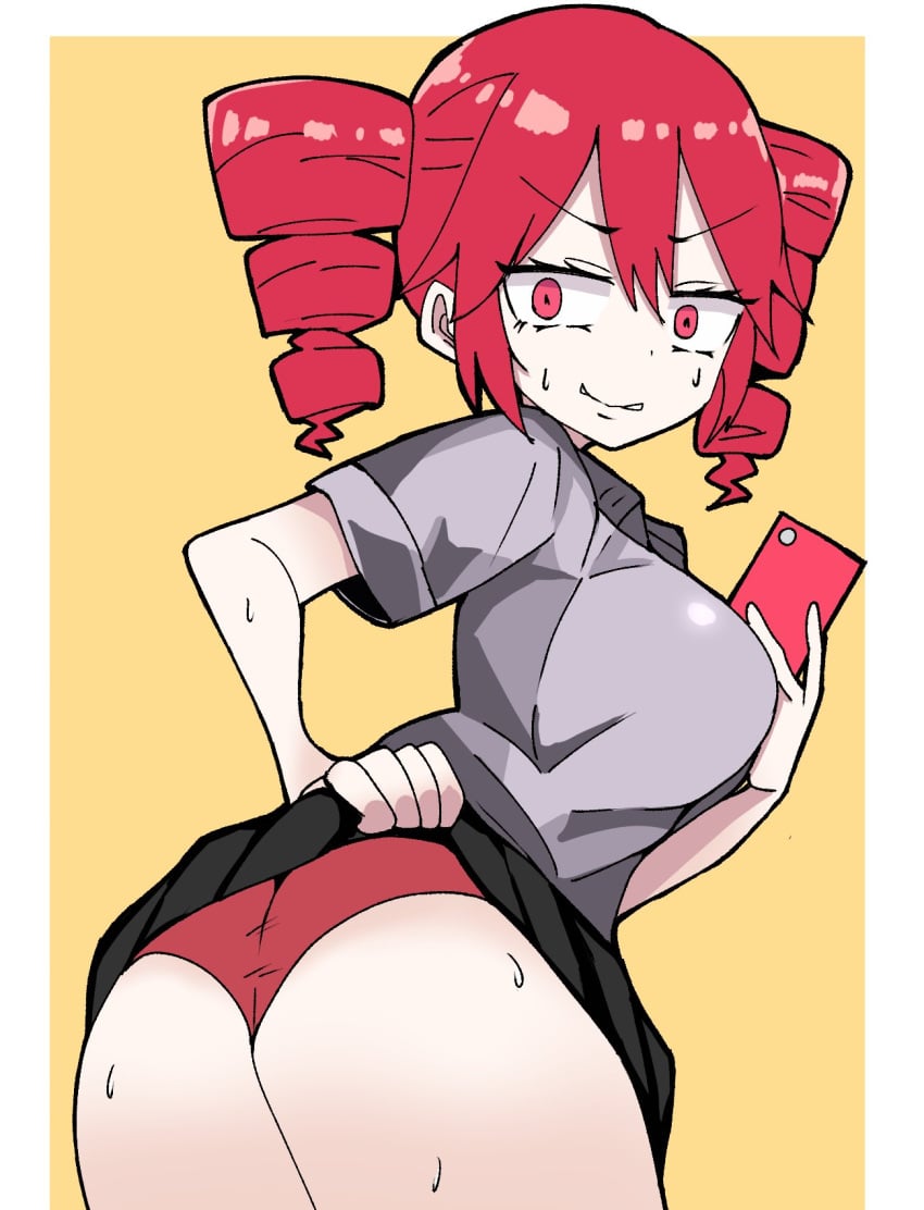 1girls 2d 2d_(artwork) artist_request ass bending_over bent_over big_ass big_breasts breasts crazy_eyes female female_only kasane_teto large_breasts levitate_(synthesizer_v) lifting_skirt mv_character nervous nervous_smile panties pantyshot phone red_eyes red_hair sideboob simple_background skirt skirt_lift solo solo_female sweat sweating synthesizer_v taking_picture twin_drills upskirt