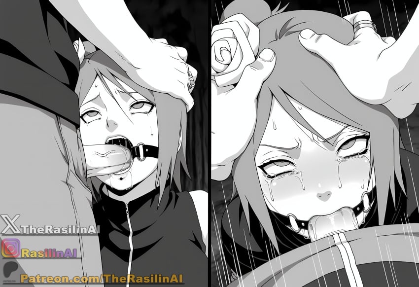 1boy 1girls 2koma ai_generated bondage chin_piercing crying deepthroat female flower_in_hair forced forced_oral gag gagged greyscale hand_on_head head_grab irrumatio konan male naruto naruto_(series) naruto_shippuden open_mouth oral oral_sex piercing rape rasilinai restrained ring_gag rolling_eyes saliva short_hair stable_diffusion straight tagme tears uncensored