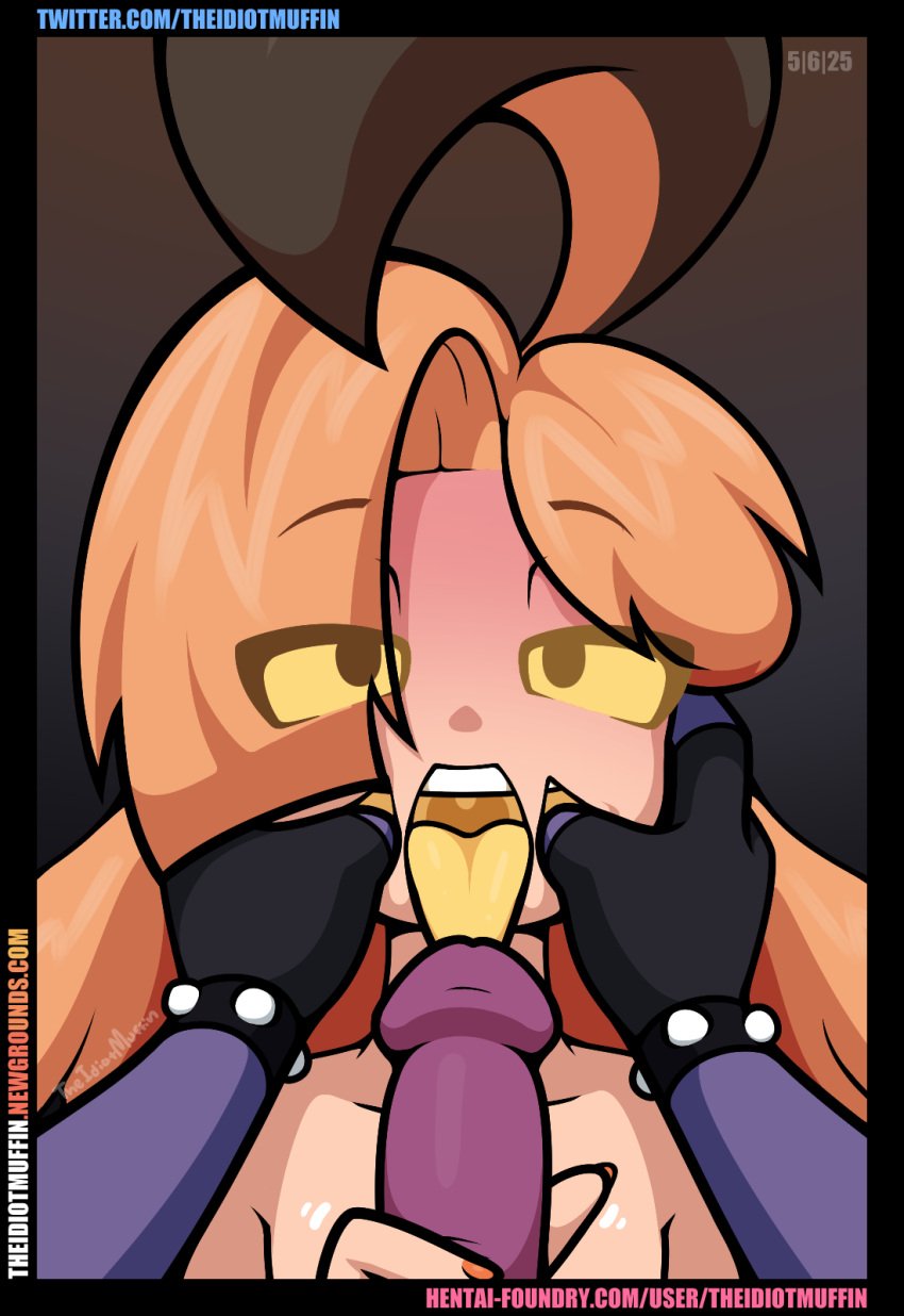 2girls autumn_(theidiotmuffin) blush female fingerless_gloves futanari gelata_(theidiotmuffin) generation_1_pokemon generation_6_pokemon gengar gourgeist hair_over_one_eye hand_in_mouth handjob looking_at_viewer open_mouth orange_hair penis pokemon purple_skin signature spiked_wristband text theidiotmuffin tongue tongue_out url yellow_eyes yellow_mouth yellow_tongue