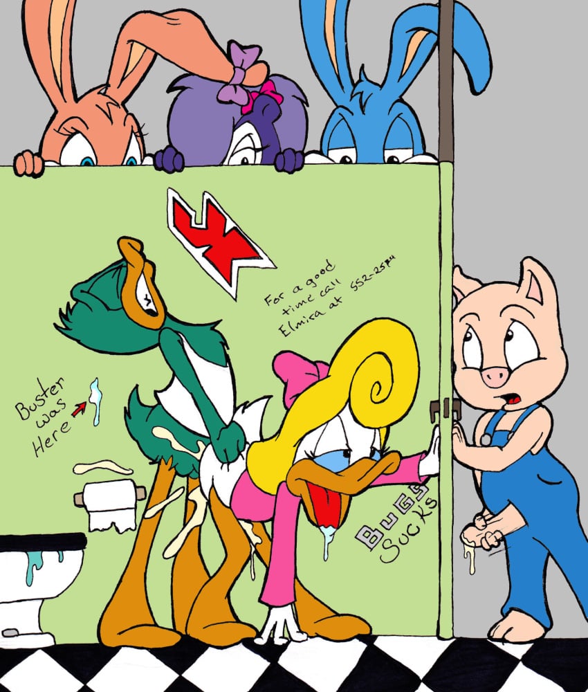 3girls anthro babs_bunny black_eyes blonde_hair blue_eyes bottomless bunny buster_bunny duck female fifi_la_fume fur furry hamton_j_pig jk loon male mammal pig plucky_duck rabbit restroom_stall shirley_the_loon skunk soft_feathers straight tiny_toon_adventures toilet uncensored voyeur