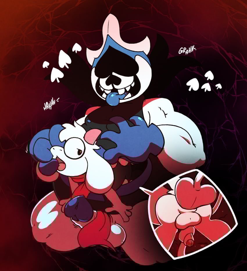 anal argon_vile backsack balls belly belly_mouth bovid caprine cutaway darkner deltarune duo erection eyewear floppy_ears fur genitals glasses goat hi_res horn internal king_spade kneeling male male/male male_penetrated male_penetrating male_penetrating_male mammal monster oral overweight penetration penis possibly_vore ralsei sex size_difference spades_(suit) suit_symbol tail tongue undertale_(series) unusual_anatomy unusual_tongue white_body white_fur