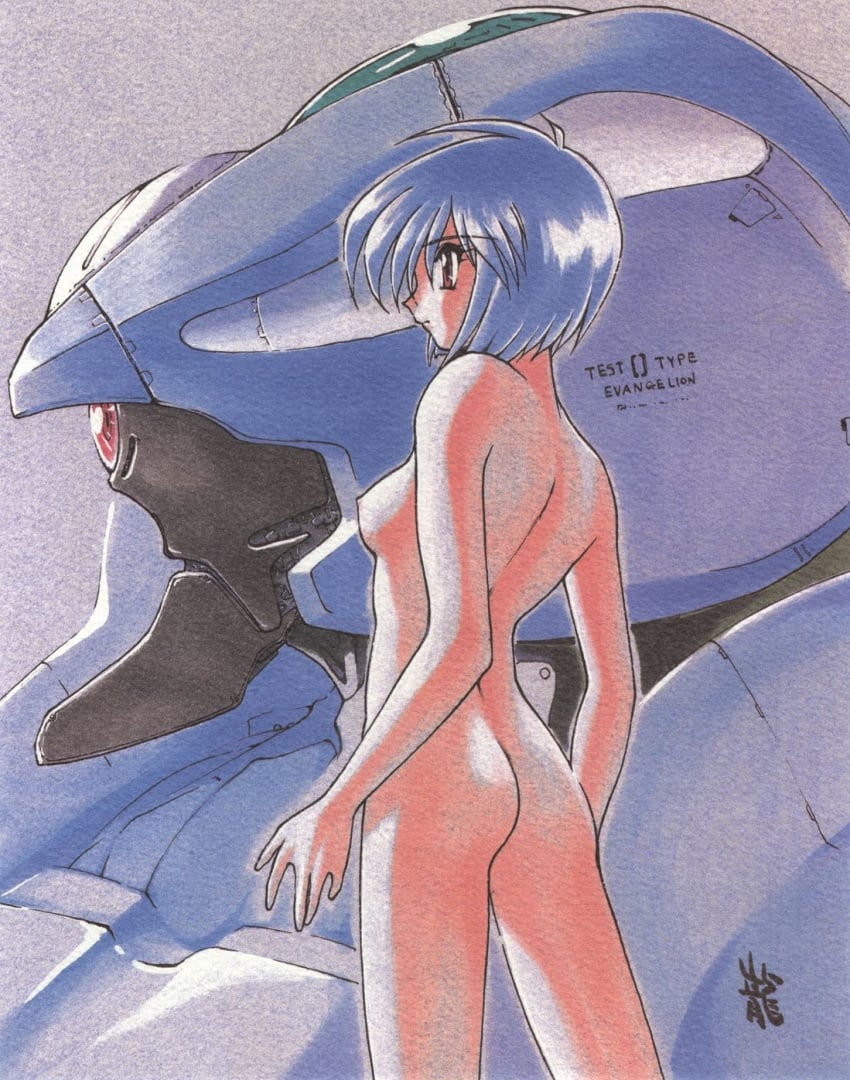 1girls artist_request ass blue_hair breasts eva_00 female gainax human neon_genesis_evangelion nude pale-skinned_female pale_skin rei_ayanami short_hair small_breasts tagme